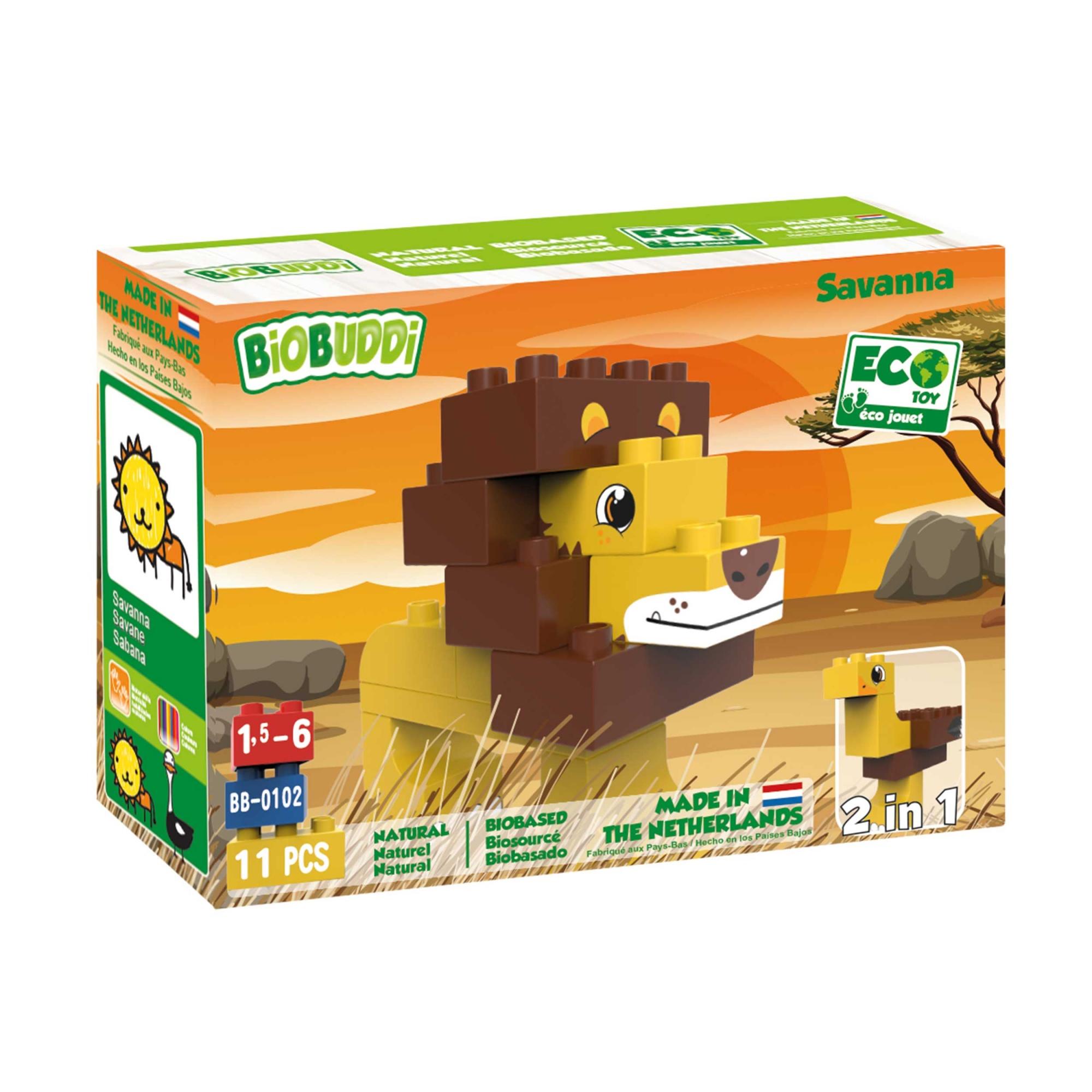 Box containing BiOBUDDi lion and ostrich blocks.