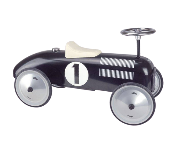 Black metal Vilac car with cream seat and silver metal wheels.