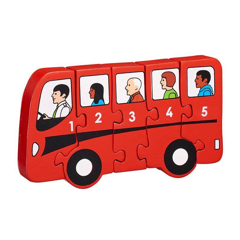 Red wooden bus jigsaw for babies with parts numbered 1 to 5.
