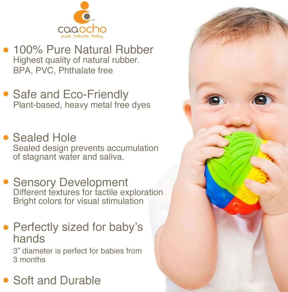 Colourful, textured baby rubber ball and a list of features beside it.