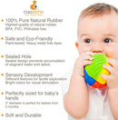 Colourful, textured baby rubber ball and a list of features beside it.