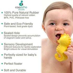 Yellow rubber seahorse with product features listed beside it.