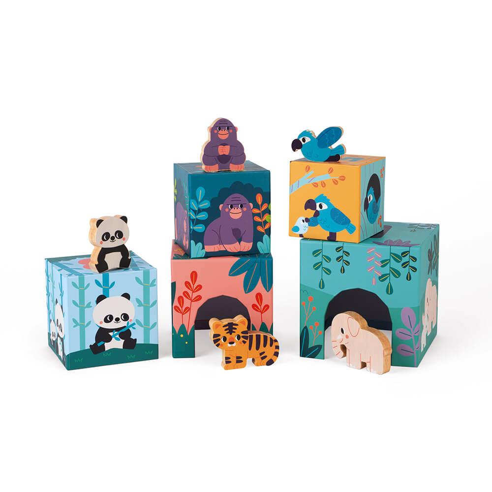 Five cardboard cubes with animals on a white background.
