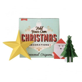 The light green-blue box sitting up with a yellow folded origami star on the left and an origami Santa and Christmas tree on the right.