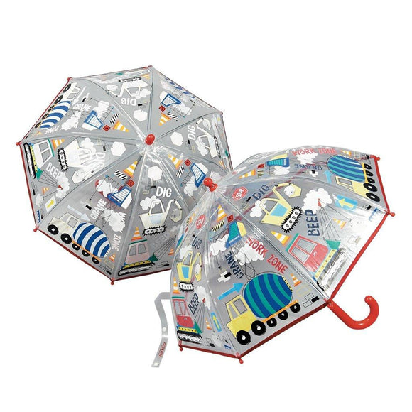 Umbrellas with construction vehicles - the umbrellas show the pattern when dry and when wet.