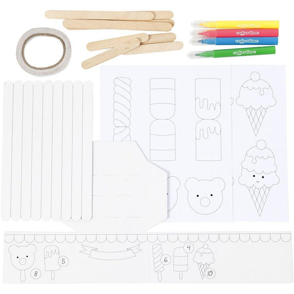 Contents of kit to make a mini ice cream shop also using recyclable materials.