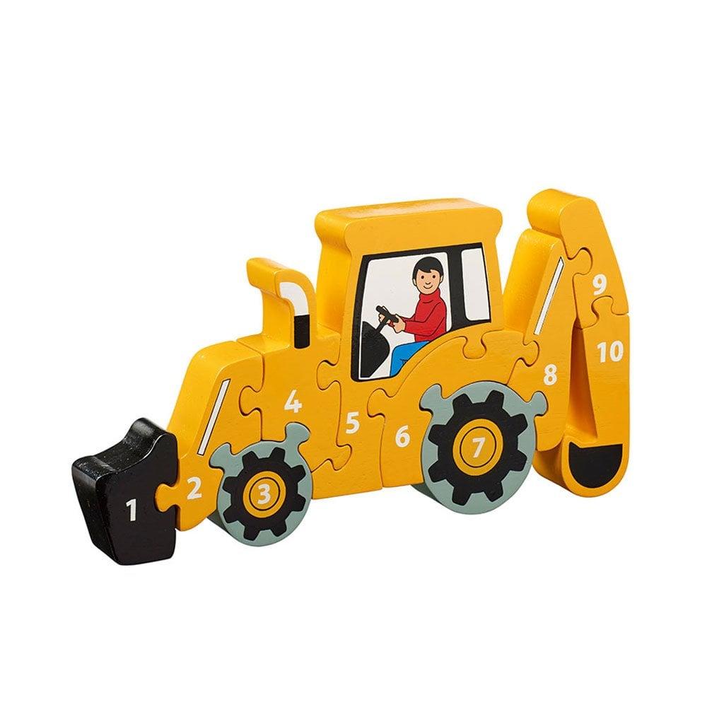 Simple wooden jigsaw of a yellow digger with numbered parts.