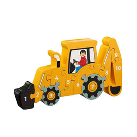 Simple wooden jigsaw of a yellow digger with numbered parts.
