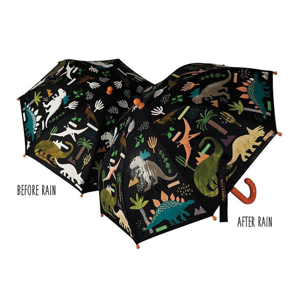Two umbrellas with dinosaurs - the umbrellas show the pattern when dry and also when wet.