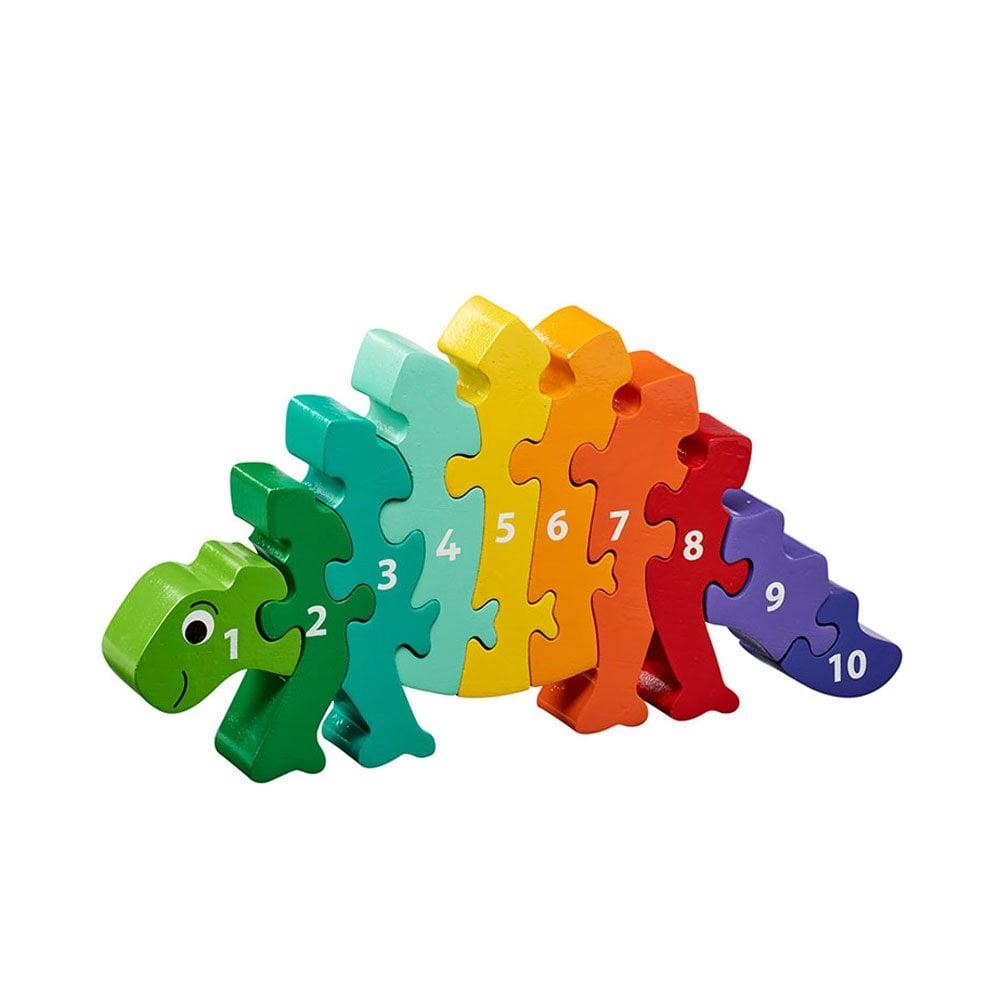 Colourful wooden dinosaur jigsaw numbered pieces.