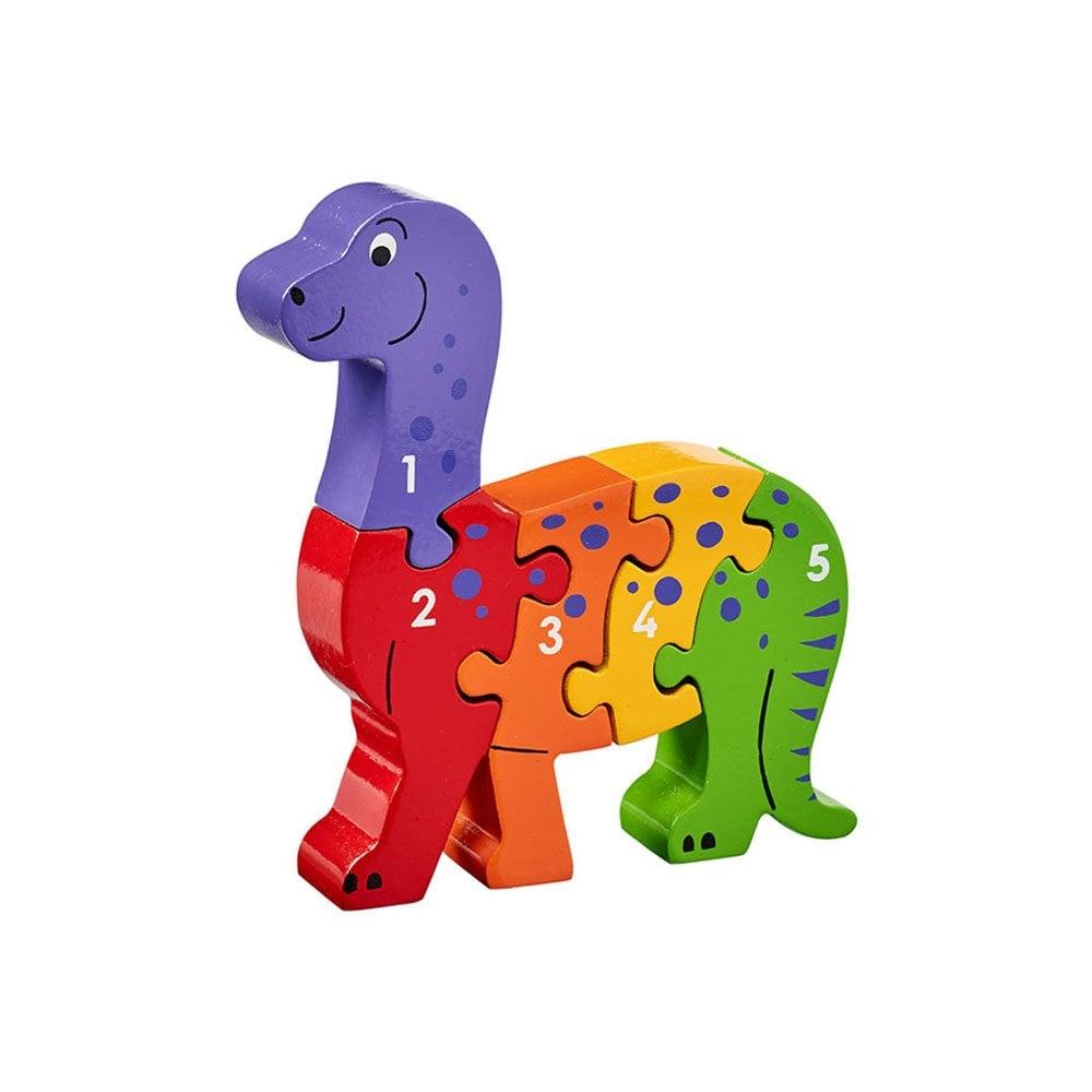 Simple wooden rainbow-coloured jigsaw of a dinosaur with parts numbered 1 to 5.