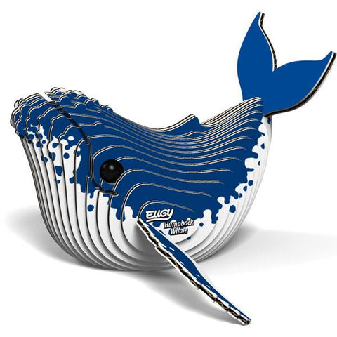 Cardboard 3D model of a Eugy whale which is blue on top and white underneath.