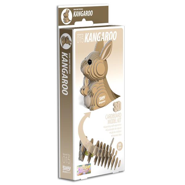 The EUGY Kangaroo model kit features an eco-friendly design in its white and beige packaging, showcasing the completed kangaroo made from biodegradable cardboard components.