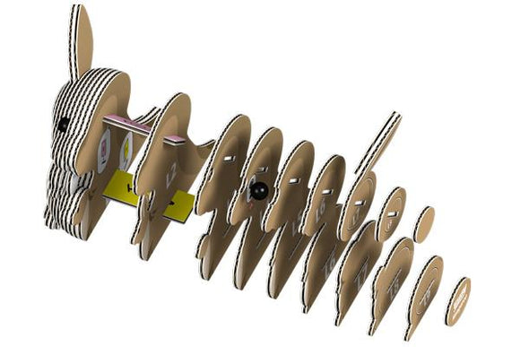 A 3D rendering of a segmented, wood-like model resembling a kangaroo crafted from environmentally friendly materials. The model is branded as EUGY and features multiple aligned cut-out pieces with a black button on the third segment from the front.