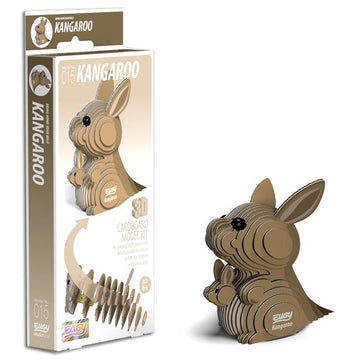 The EUGY Kangaroo is a 3D cardboard model kit crafted from biodegradable card, creating a small assembled sculpture with layered pieces. The packaging displays the completed model, its components, and prominently features the EUGY brand. This eco-friendly kit is identified as number 015.