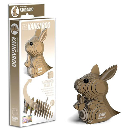 The EUGY Kangaroo is a 3D cardboard model kit crafted from biodegradable card, creating a small assembled sculpture with layered pieces. The packaging displays the completed model, its components, and prominently features the EUGY brand. This eco-friendly kit is identified as number 015.