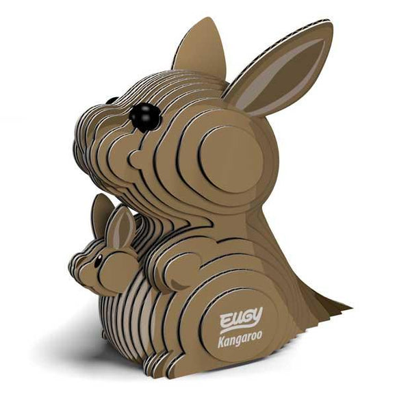 Introducing the EUGY Kangaroo: a uniquely designed, biodegradable 3D puzzle model featuring a kangaroo with its joey. This eco-friendly creation showcases layered pieces, expressive eyes, and proudly displays "Kangaroo" alongside "EUGY" on its side.
