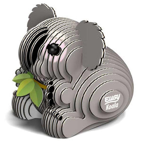 Grey cardboard koala model with green eucalyptus.