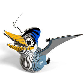 Blue, white and yellow flying Pterodactyl cardboard model.