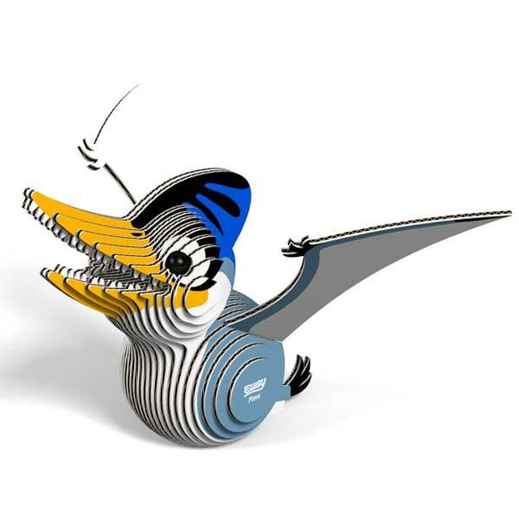 Blue, white and yellow flying Pterodactyl cardboard model.