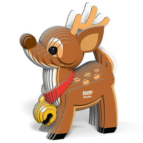 Brown card reindeer model with red collar and gold 'bell'.