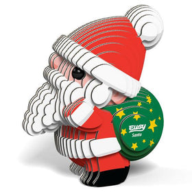 Cardboard Santa figure with green sack with yellow stars.