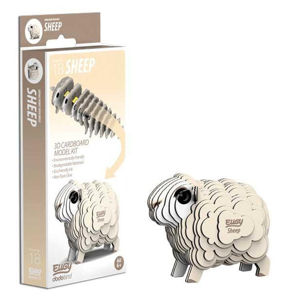 Sheep cardboard model standing beside manufacturer's box.