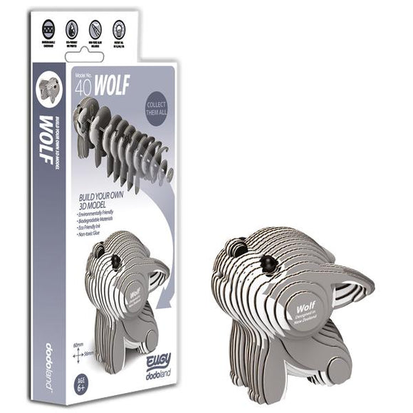 Eugy wolf figure standing beside its box.