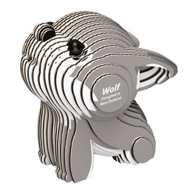 Grey and white wold model with small black eyes. White background.