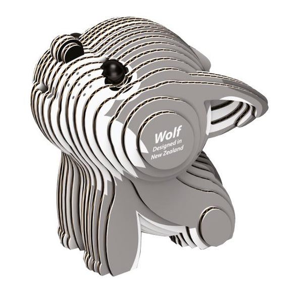 Grey and white wold model with small black eyes. White background.