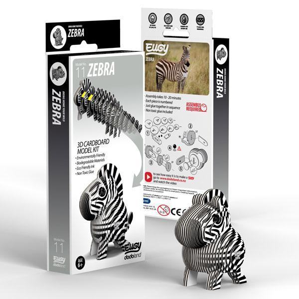Box showing 3d model of a zebra using biodegradable card and non toxic glue. Cardboard 3D model