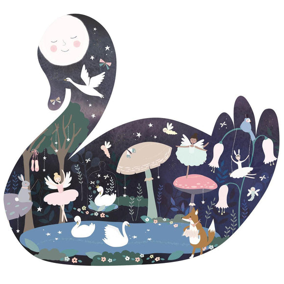 Swan-shaped jigsaw with fairy and swan scene.
