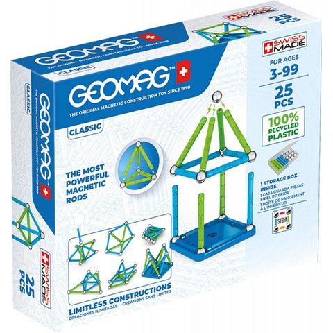 Blue and white box containing Geomag set. White background.