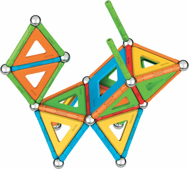 A dynamic 3D geometric design made with Geomag's Supercolor Panels from 100% recycled plastic includes green, blue, yellow, and orange triangles. Magnetic rods connect at silver ball joints and can be stored in a Geomag Box for easy storage.