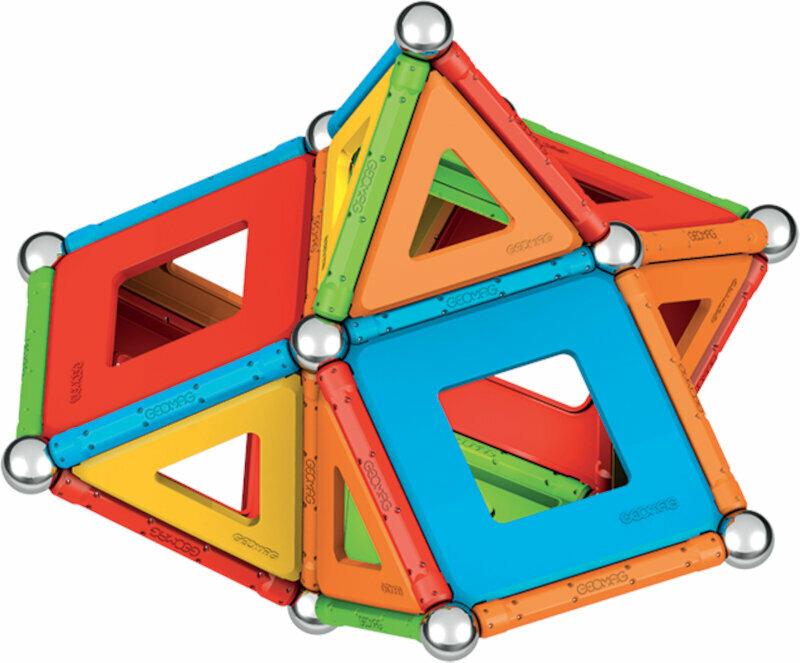 Explore the Geomag Supercolor Panels, crafted with red, orange, yellow, green, and blue recycled plastic tiles. These panels come with magnetic rods and metallic balls to create 3D geometric structures featuring triangle and square shapes for endless creativity.