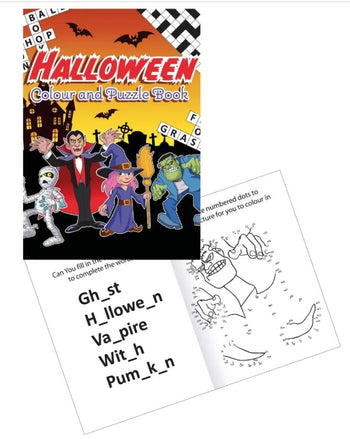 Cover of the "Halloween Colour and Puzzle Book" by Playwrite showcasing a vampire, mummy, witch, and monster. Inside are thrilling mazes, an incomplete crossword, connect-the-dots of a cat with words like "Gh_st" and "Pum_k_n." Ideal for Halloween fans and puzzle lovers!.