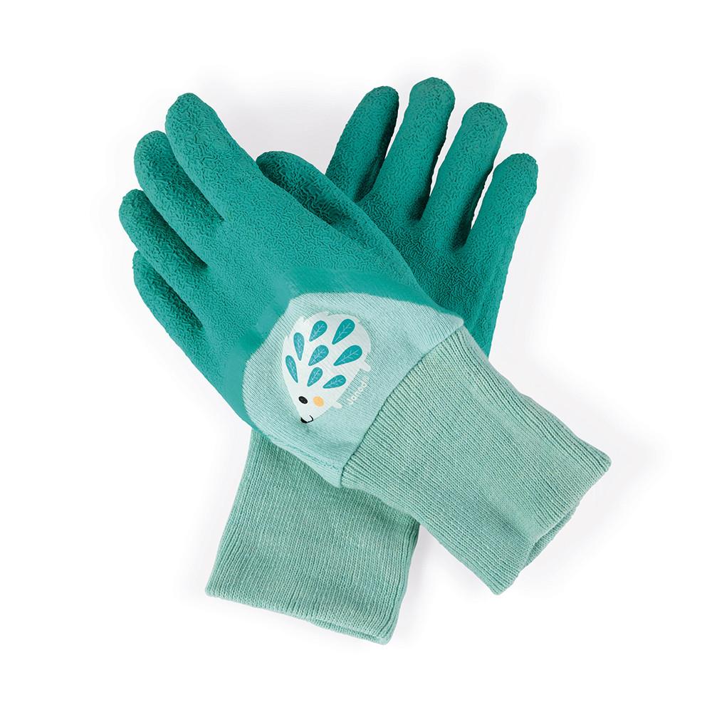 Mint green children's gardening gloves.