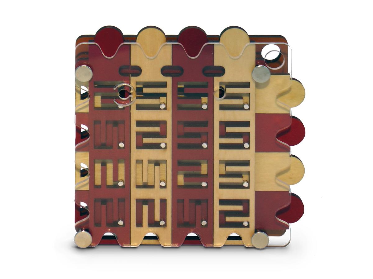 Hidden Corridor puzzle with sliding wooden pieces held in perspex.