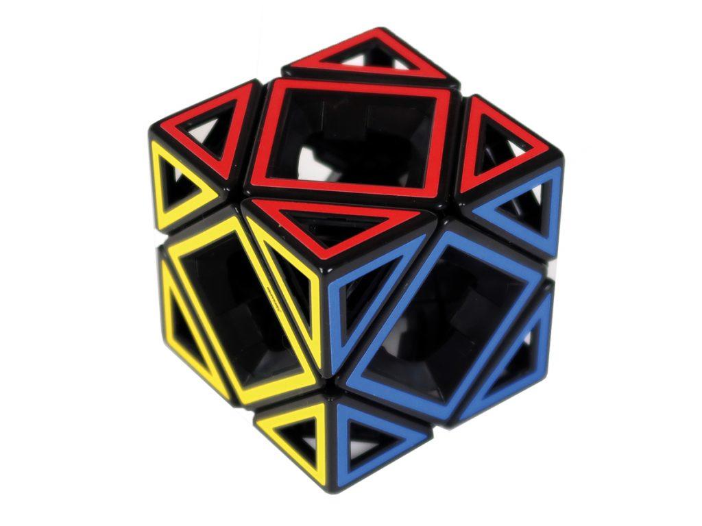 Hollow pieces making up a puzzle cube.