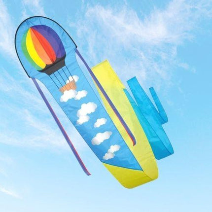 Hot air balloon-shaped kite with a long tail.