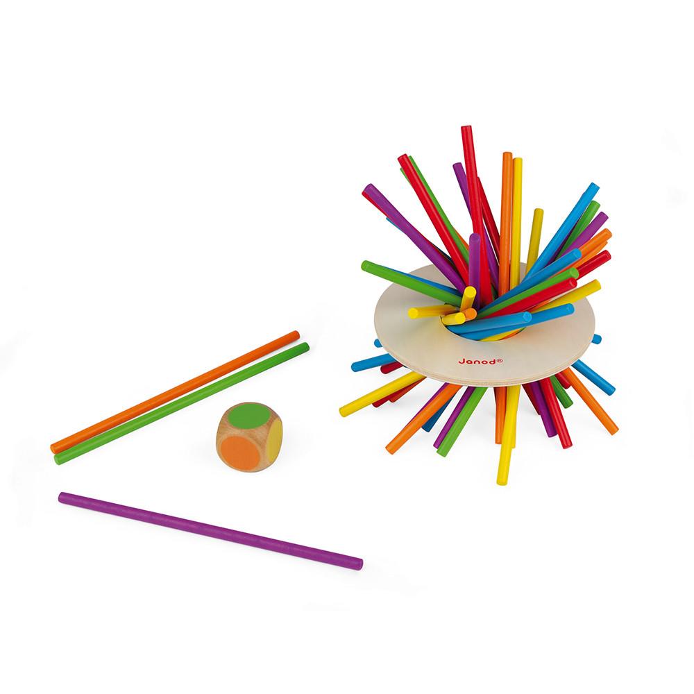 Colourful pick-up sticks with wooden die.