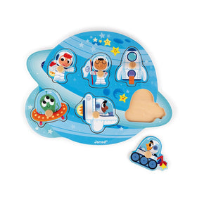 Blue saturn-shaped puzzle with space explorer piece to one side.