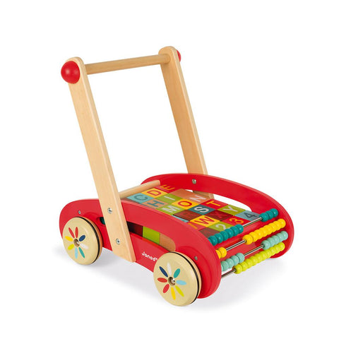 Wooden baby push-along walker with blocks.