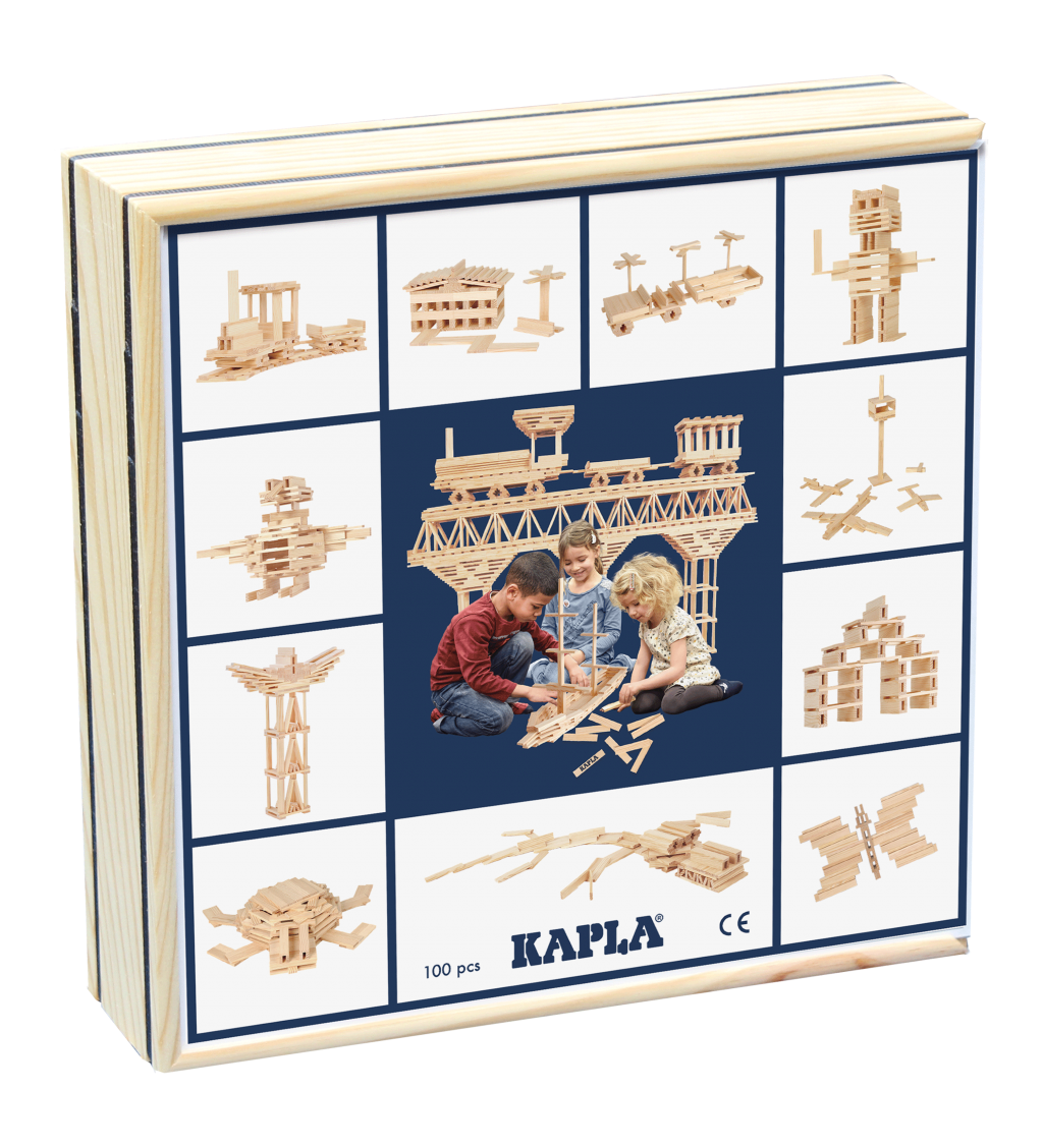 Box containing Kapla wooden planks