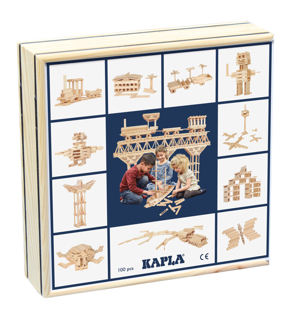 Box containing Kapla wooden planks
