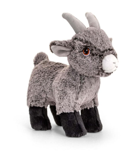 Grey, cuddly and eco-friendly goat toy.