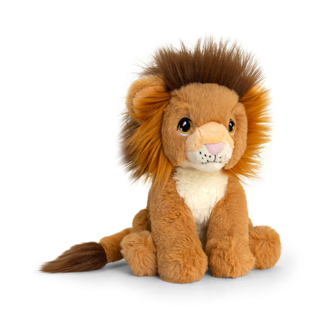 Cuddly, soft lion toy with light brown fur, a pale chest and darker mane and tail tip.