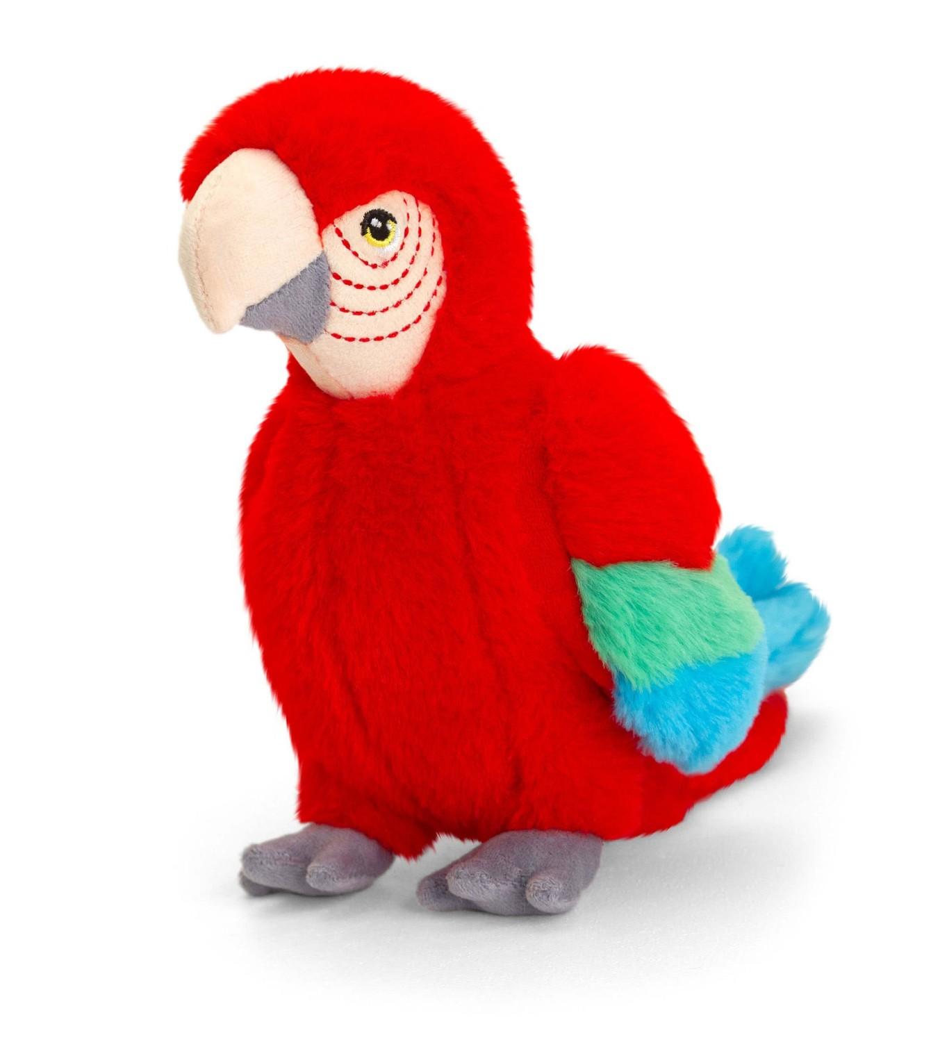 Brightly-coloured parrot soft toy.