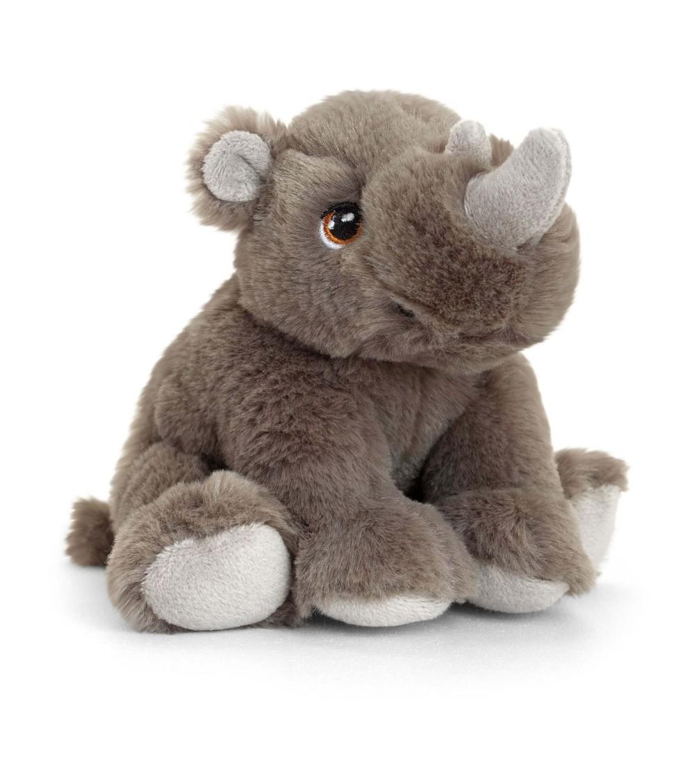 Grey, cuddly rhino toy in sitting position.