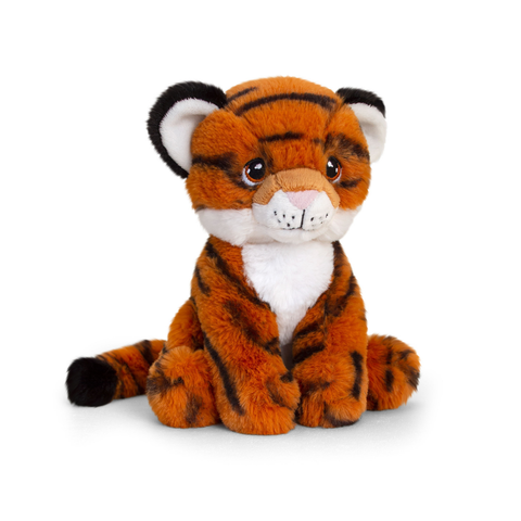 Cuddly orange and black soft tiger toy with a white chst. White background.